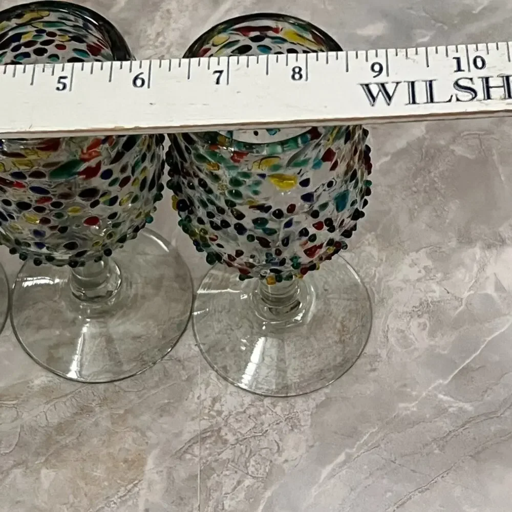 Hand Blown Ball Wine Glasses Colorful Textured Pebble Confetti Design Set of 3